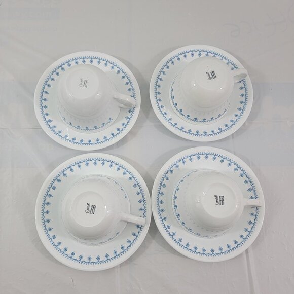 Vintage 1970’s Corelle Livingware Blue Ring Handle Snowflake Cup & Saucer Sets - Picture 14 of 16
